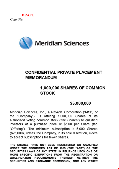 private placement memorandum template for company shares template