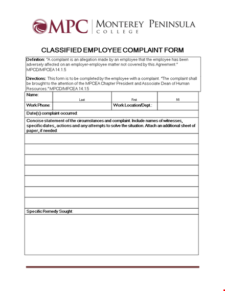classified employee complaint template