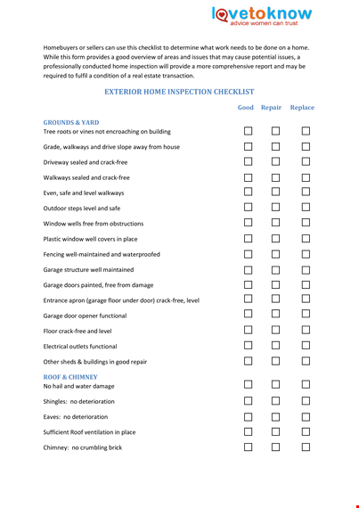 home inspection checklist for present and deterioration - exterior repairs template