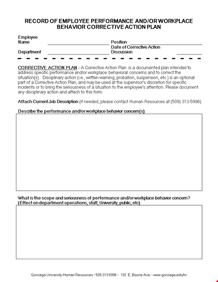 employee corrective action plan template template