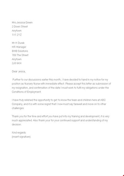 nursery nurse resignation letter template