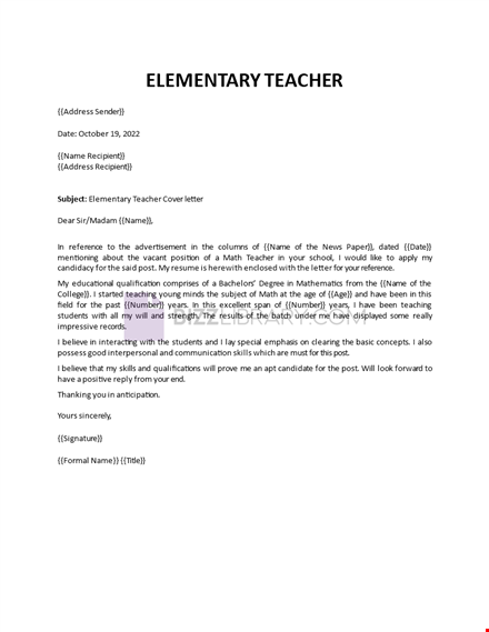 cover letter for elementary teachers template
