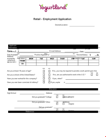 job application form for yogurtland | employment and address information template