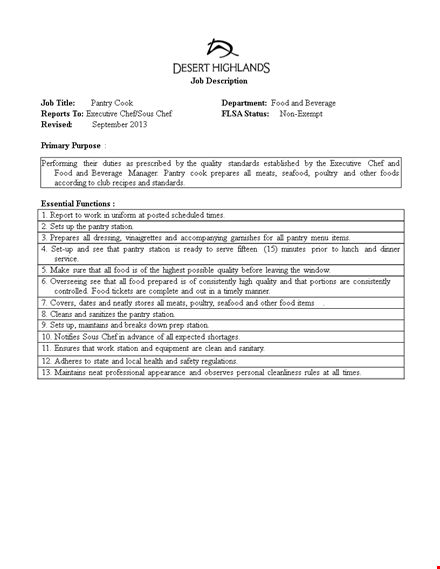 pantry cook job description template template