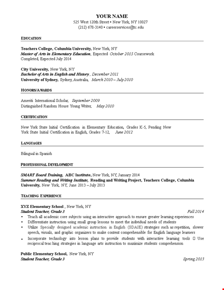 elementary education resume sample template