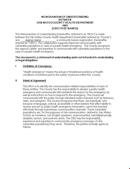 emergency health mou template for county use template