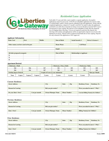 printable residential lease application | simple application for phone or apartment template