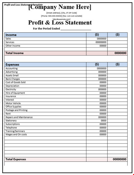 profit and loss statement for the period ended template
