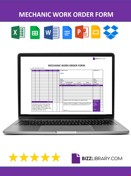 mechanic work order form template