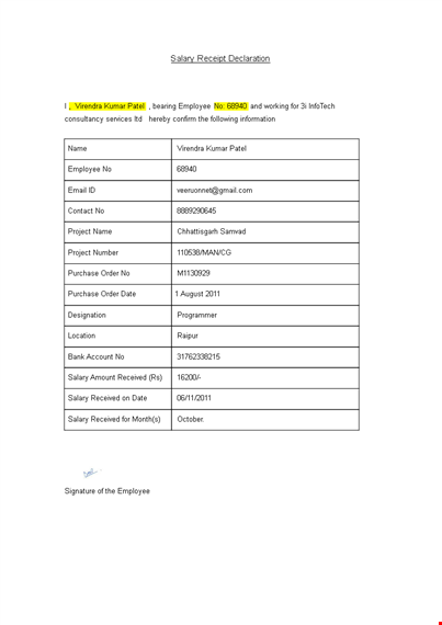 salary declaration receipt template