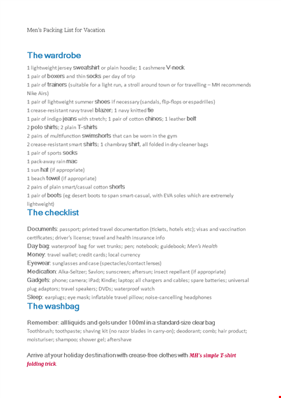 men's packing list for vacation template