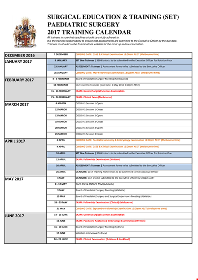 training education calendar template