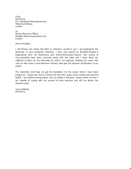 internship and career letter of introduction in london template