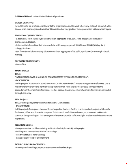 electrical engineer fresher resume download template