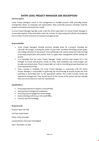 project manager entry level job description template