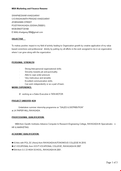 mba marketing and finance resume - personal skills | khadgaray, rayagada, swapneswar template