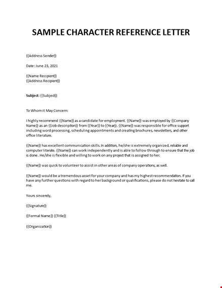 sample character reference letter template