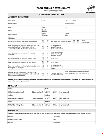 restaurant employee application template template