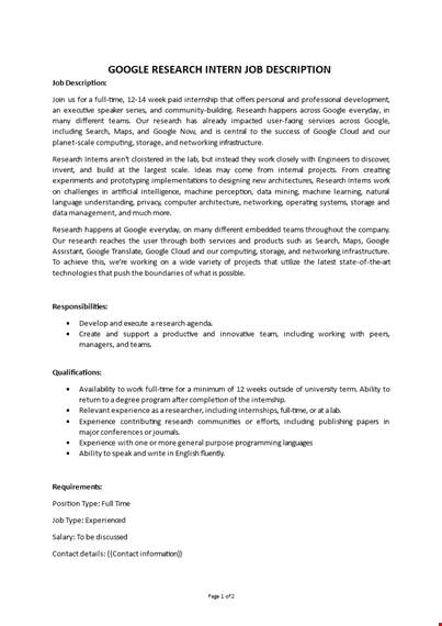 google research intern job description template