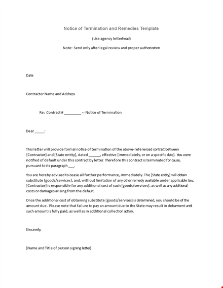 formal contract termination letter: notice for termination of contractor's additional contract template
