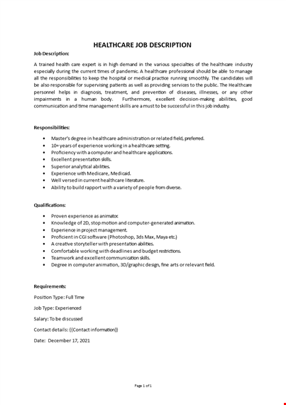 healthcare job description template