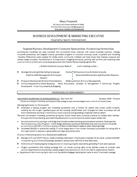 corporate sponsorship sales resume template