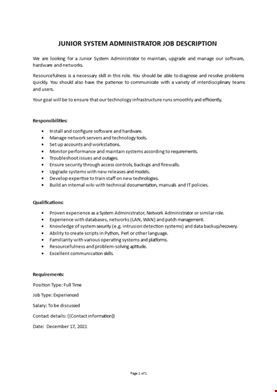 system administrator fresher job description template