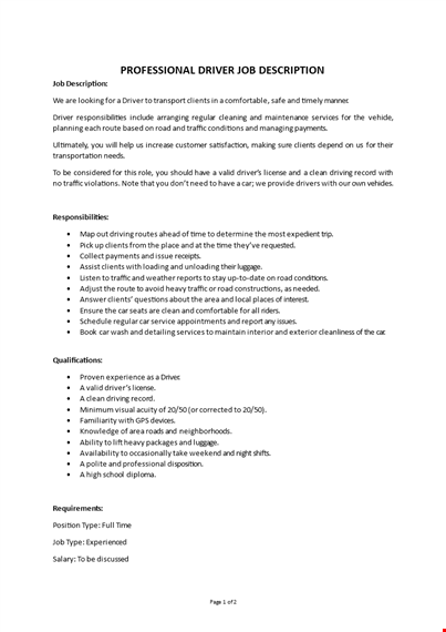 professional driver job description  template