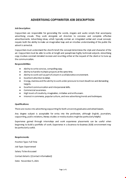 advertising copywriter job description template