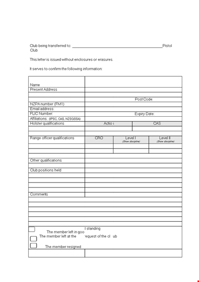 club membership transfer letter format and qualifications for pistol member template