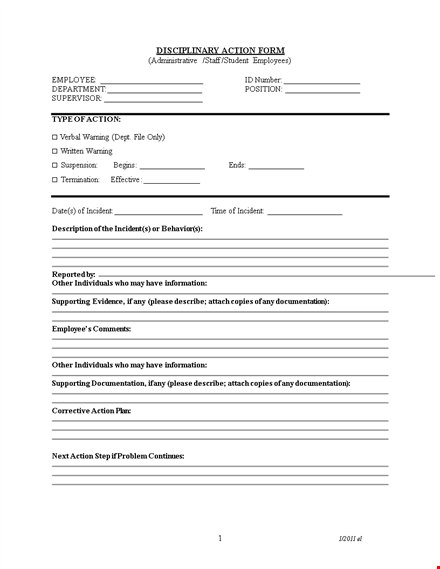 employee disciplinary action form template