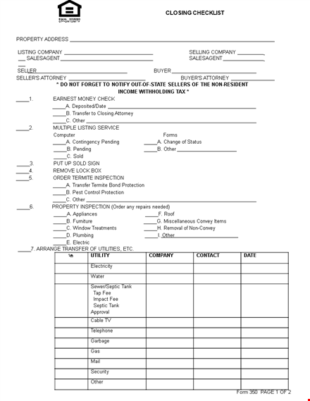 real estate closing checklist template template