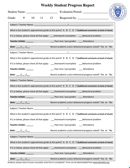 student weekly progress report template