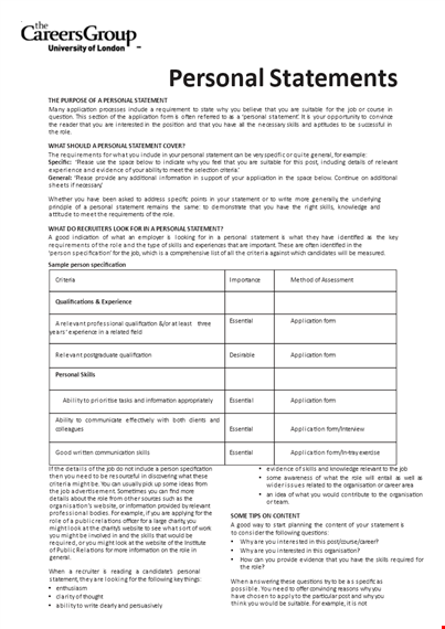 professional personal statement format for job seekers - highlighting skills, relevant information template