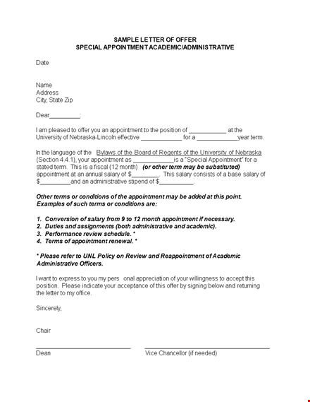 simple special appointment offer letter format template
