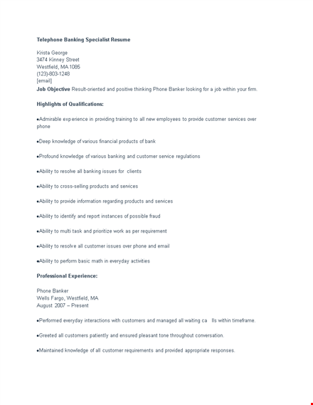 telephone banking specialist resume template