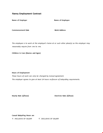 nanny employment contract template template