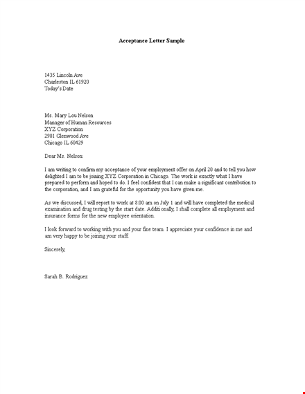 sample job offer acceptance letter - nelson corporation template