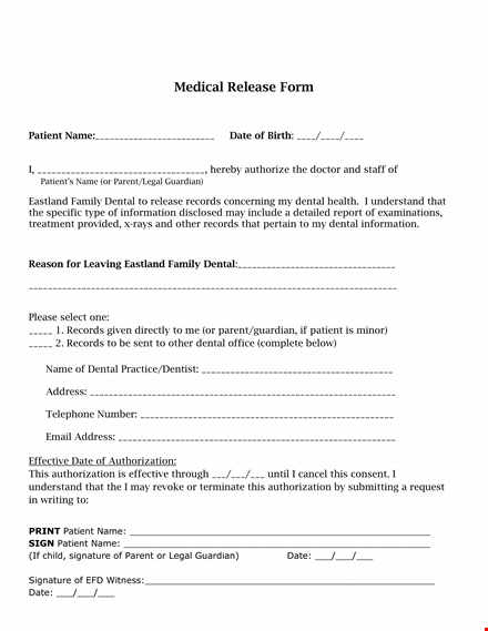 dental medical records release form template