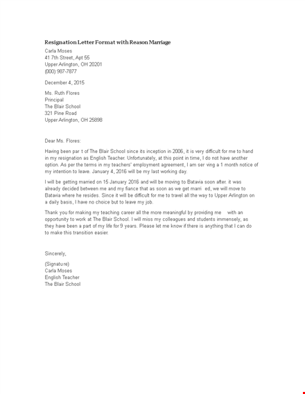 resignation letter format with reason marriage template