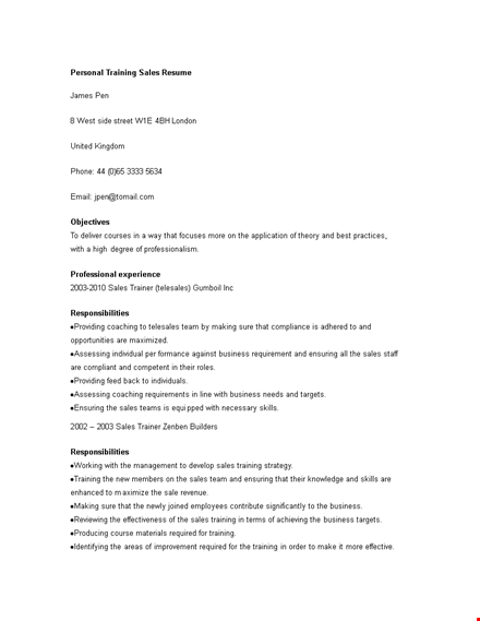 personal training sales resume template