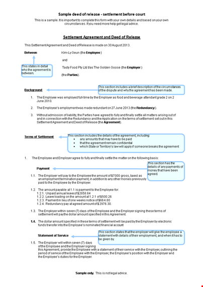 settlement agreement between employee and employer - free template template