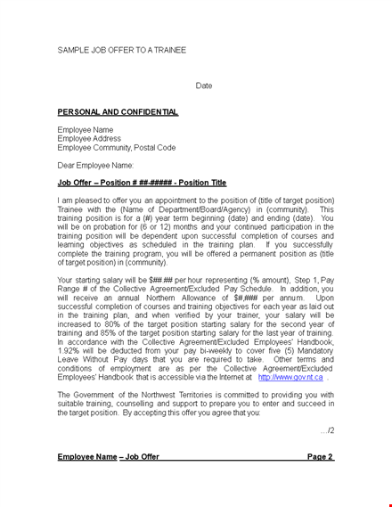 job offer letter to trainee in doc template