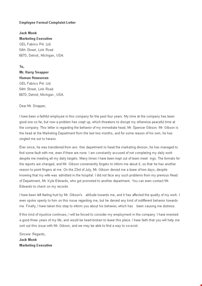 employee formal complaint letter template template