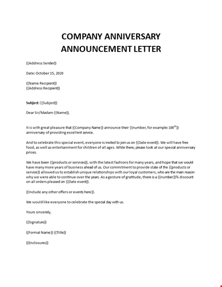 company anniversary announcement invitation letter  template