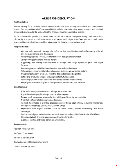 artist job description template