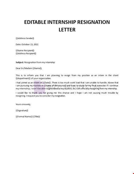 internship resignation letters that you can edit template