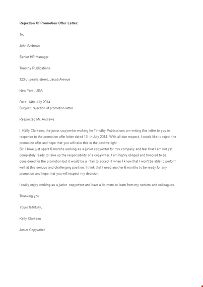 promotion offer rejection letter template