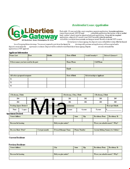 printable residential lease application template