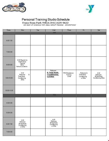 personal training studio schedule template template